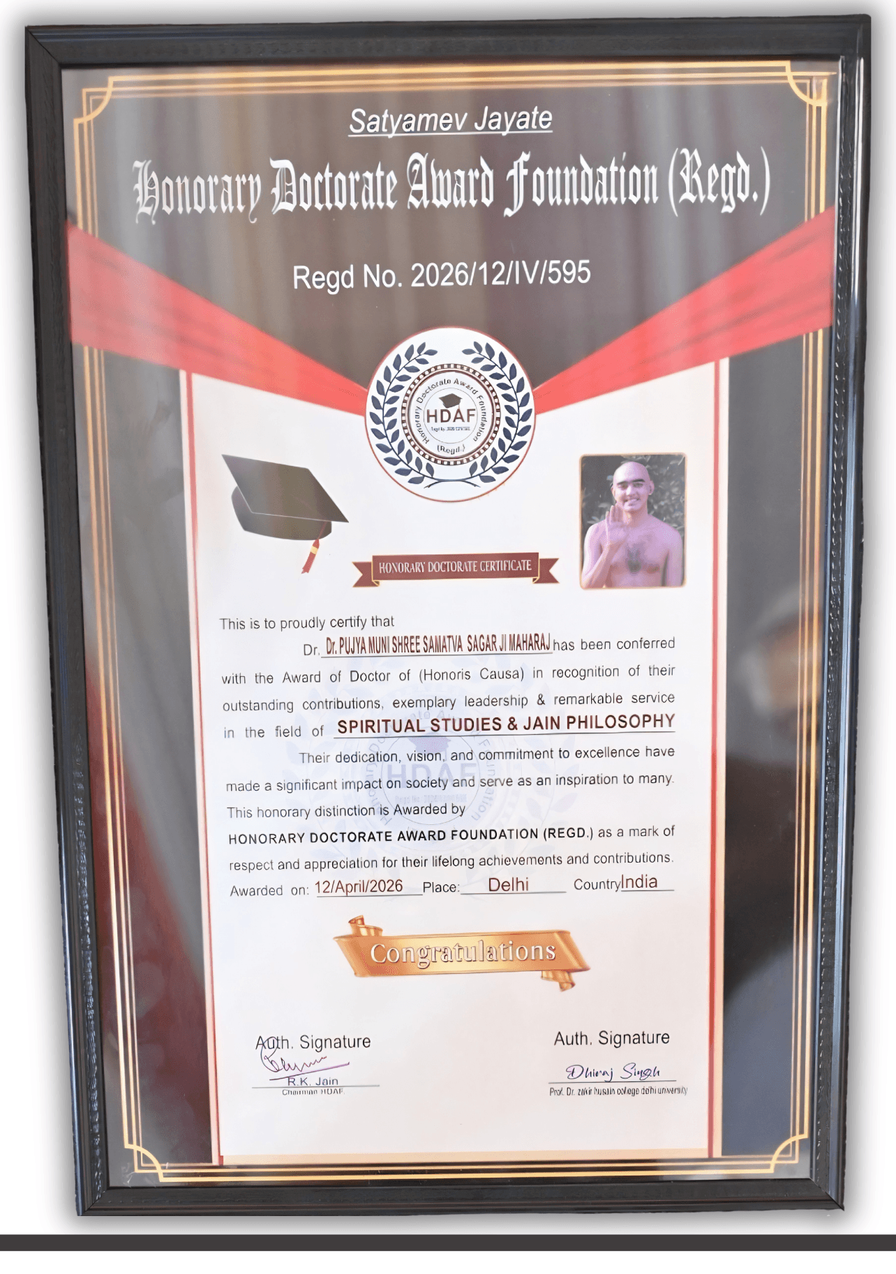 Honorary Doctorate Certificate – Muni Shri Samatva Sagar Ji